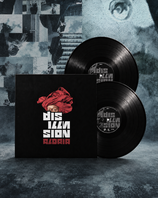 DISILLUSION GLORIA - Doppelvinyl mit zwei schwarzen Schallplatten und Originalcover vor kühler Fotocollage